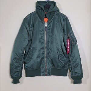 Alpha Industries MA-1 Bomber Jacket Mens XL Green LS Detachable Hood Streetwear